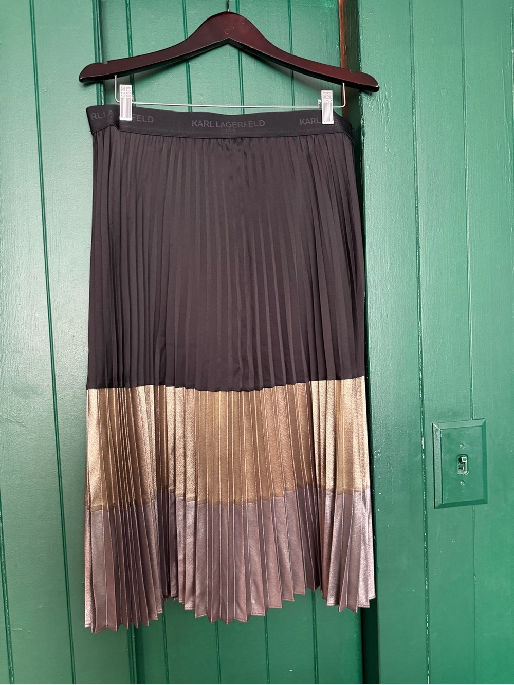 Karl Lagerfeld Black Pleated Midi Skirt with Metallic Gold & Silver Hem Panels